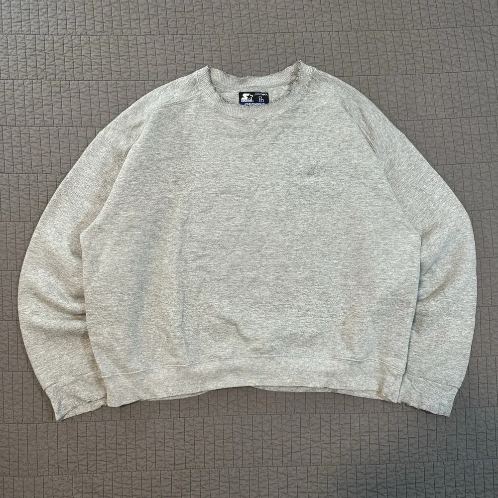 Vtg Y2K Starter Crewneck Sweatshirt Men‎ Large Gray Distressed Boxy Fit 90s